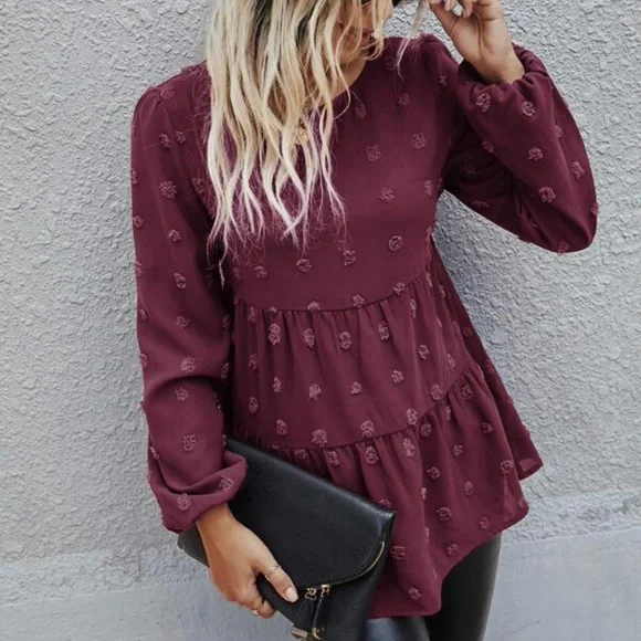 Classic Navy Blue Swiss Dot Ruffle Top Minimalist - Picture 6 of 12